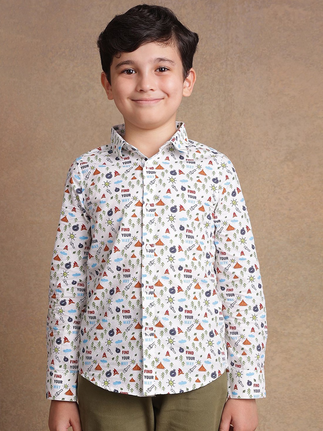 

One Friday Boys Comfort Spread Collar Conversational Printed Cotton Casual Shirt, Off white