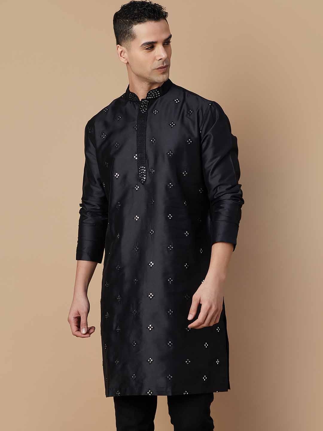 

Melange by Lifestyle Embroidered Mirror Work Mandarin Collar Straight Kurta, Black