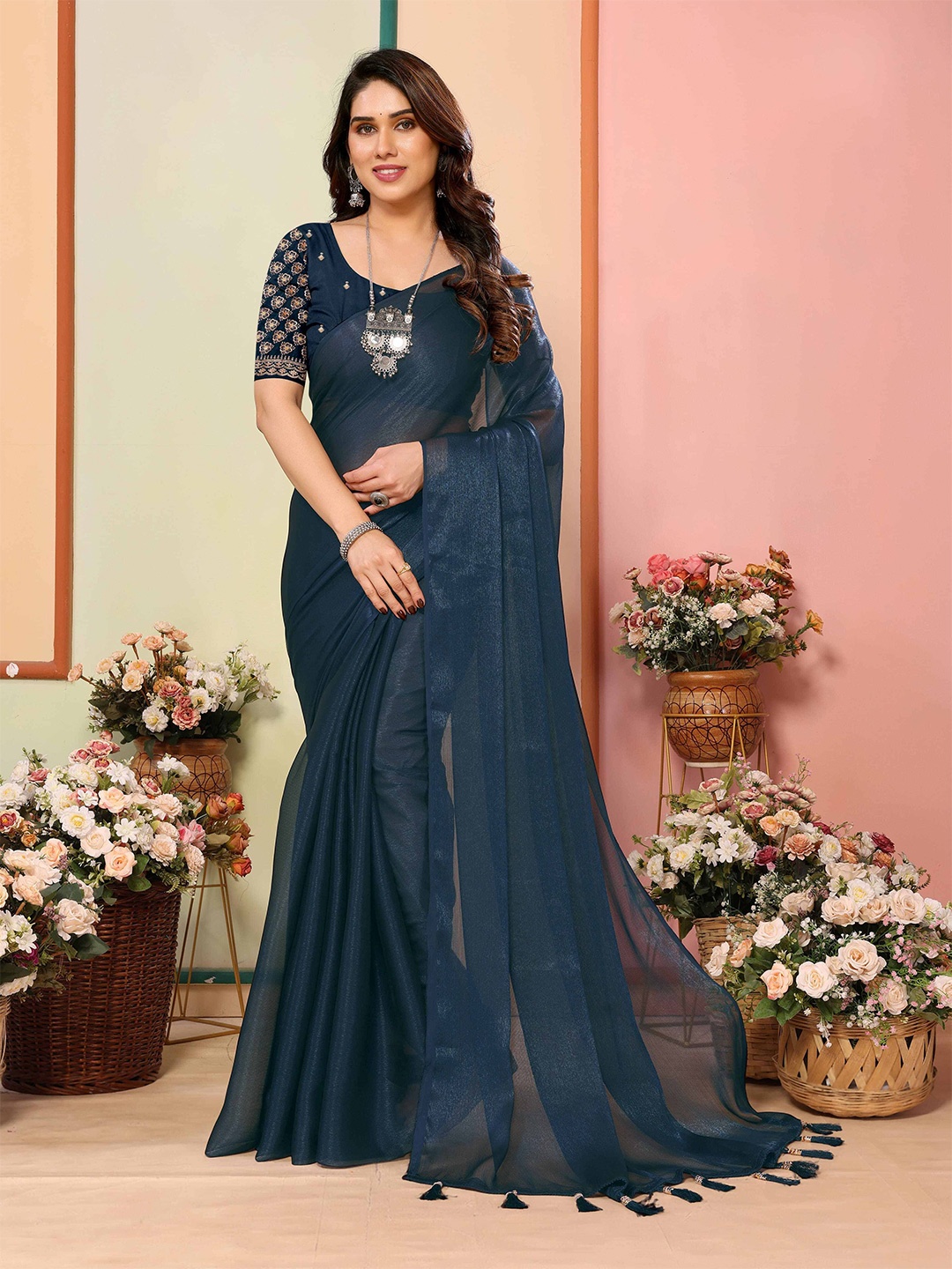 

sareyavella Mysore Silk Saree with Bouse Piece, Navy blue