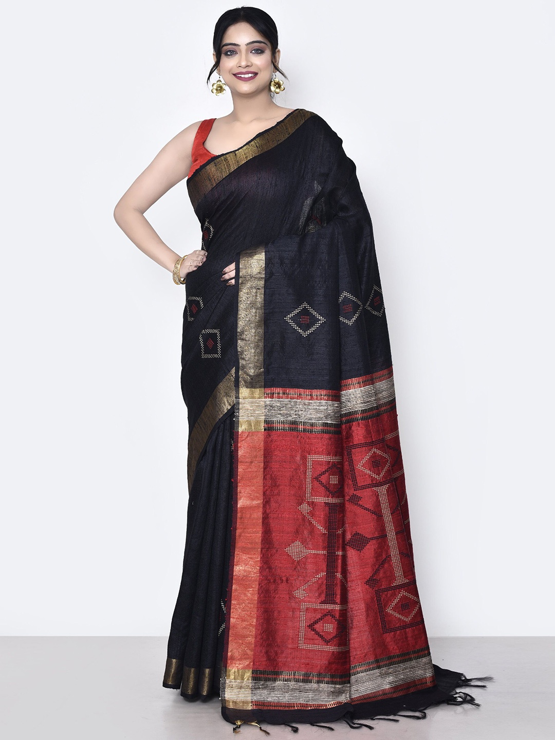 

SPRISH Ethnic Motifs Woven Design Zari Pure Silk Jamdani Saree, Black