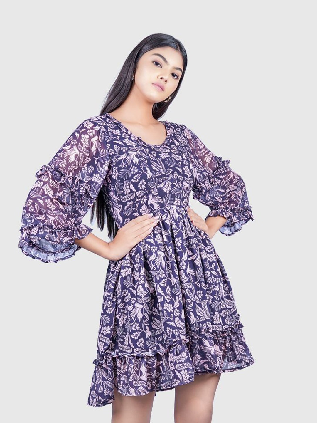 

Nesha India Women Floral Printed Puff Sleeve Fit & Flare Dress, Black