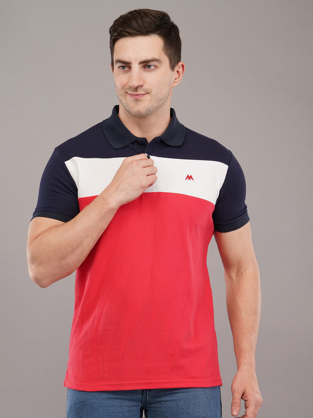 

MEGHZ Men Striped Polo Collar Cotton Slim Fit T-shirt, Pink