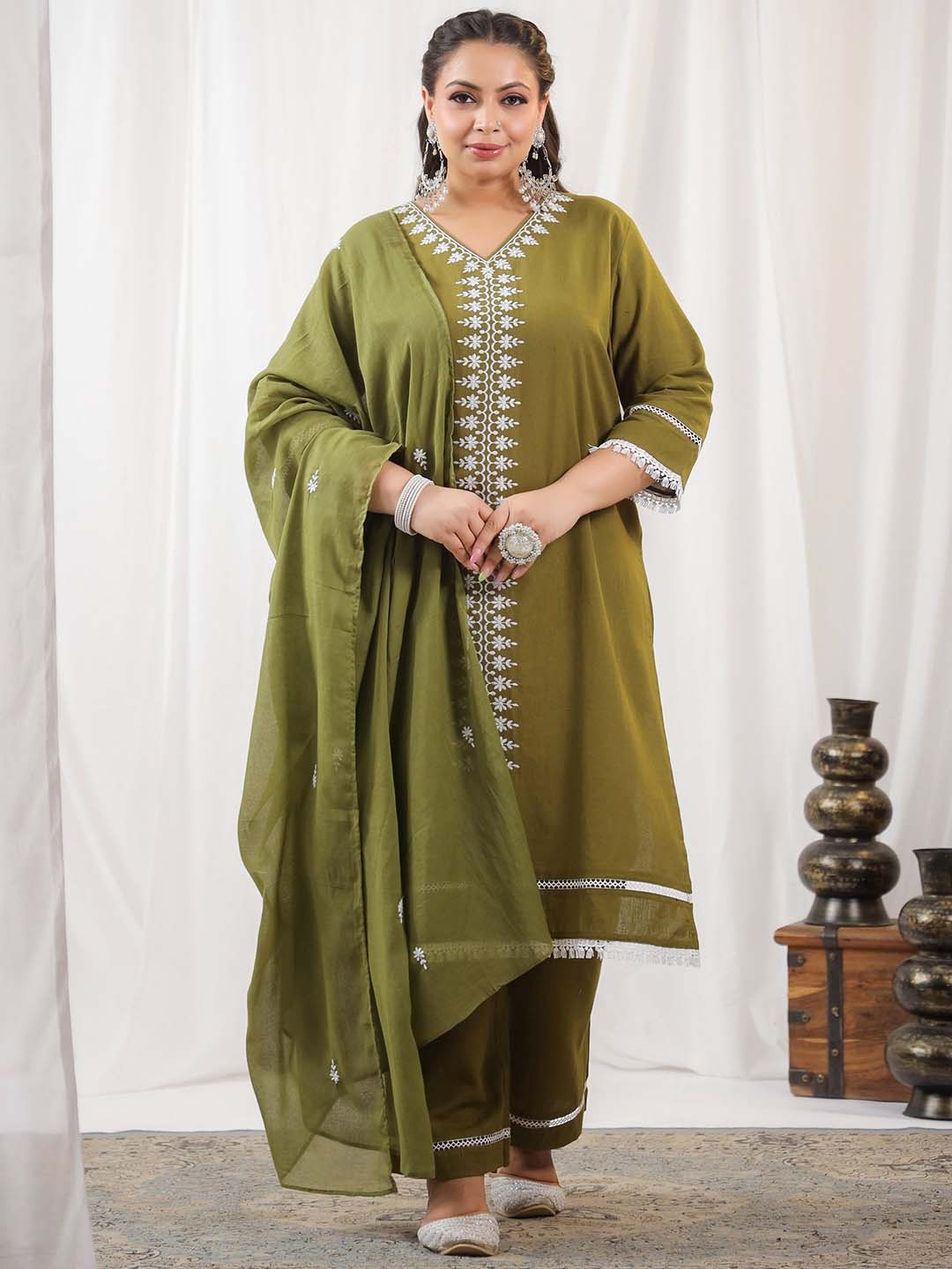 

LALI JAIPUR Plus Size Floral Pure Cotton Straight Kurta with Trousers & With Dupatta, Olive