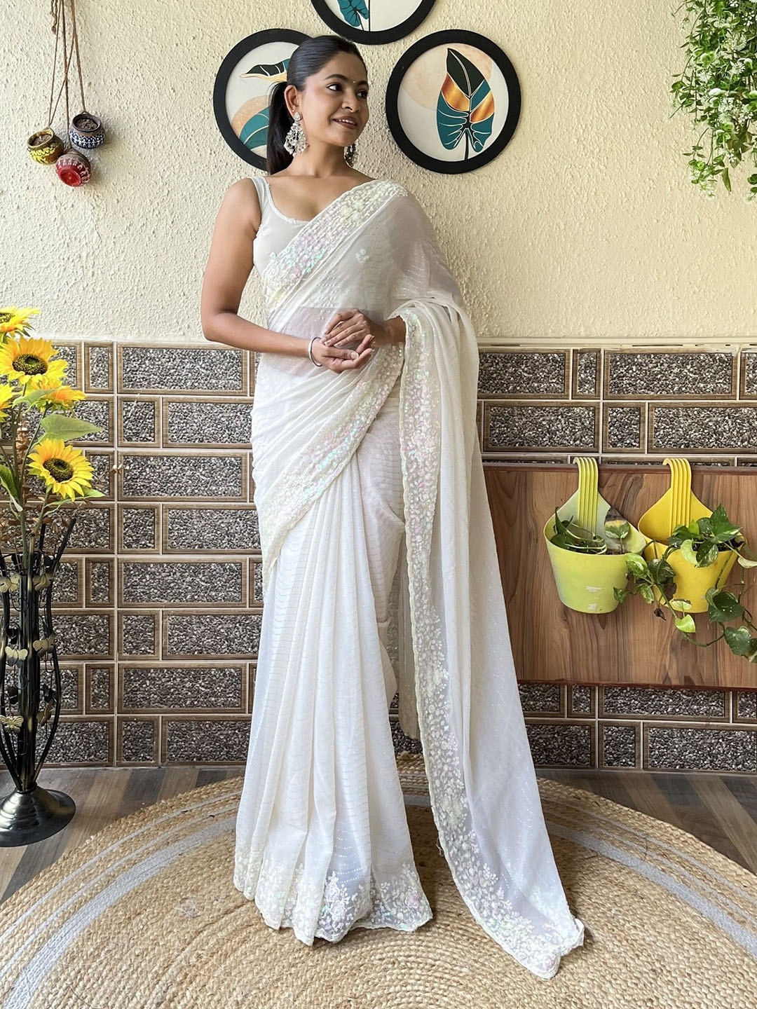

LeeliPeeri Designer Embellished Embroidered Poly Georgette Saree, White