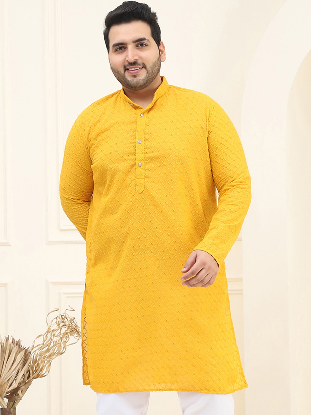 

SOJANYA PLUS Floral Embroidered Mandarin Collar Pure Cotton Straight Kurta, Mustard