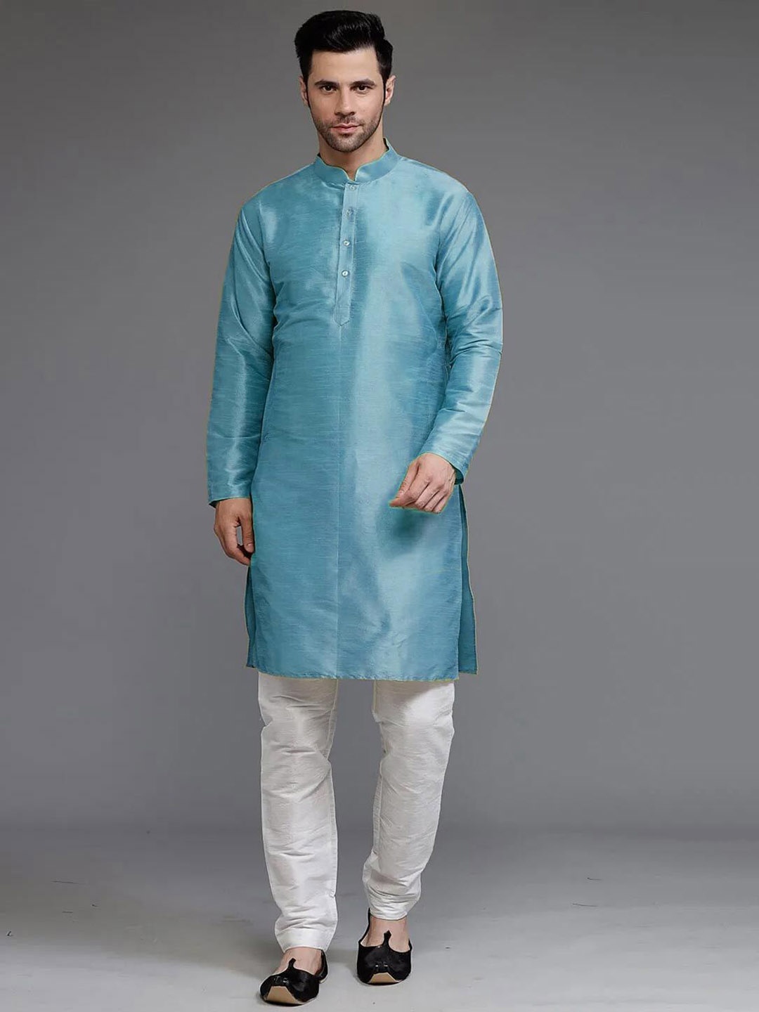 

Utsav Fashion Mandarin Collar Dupion Silk Kurta With Pyjama, Blue