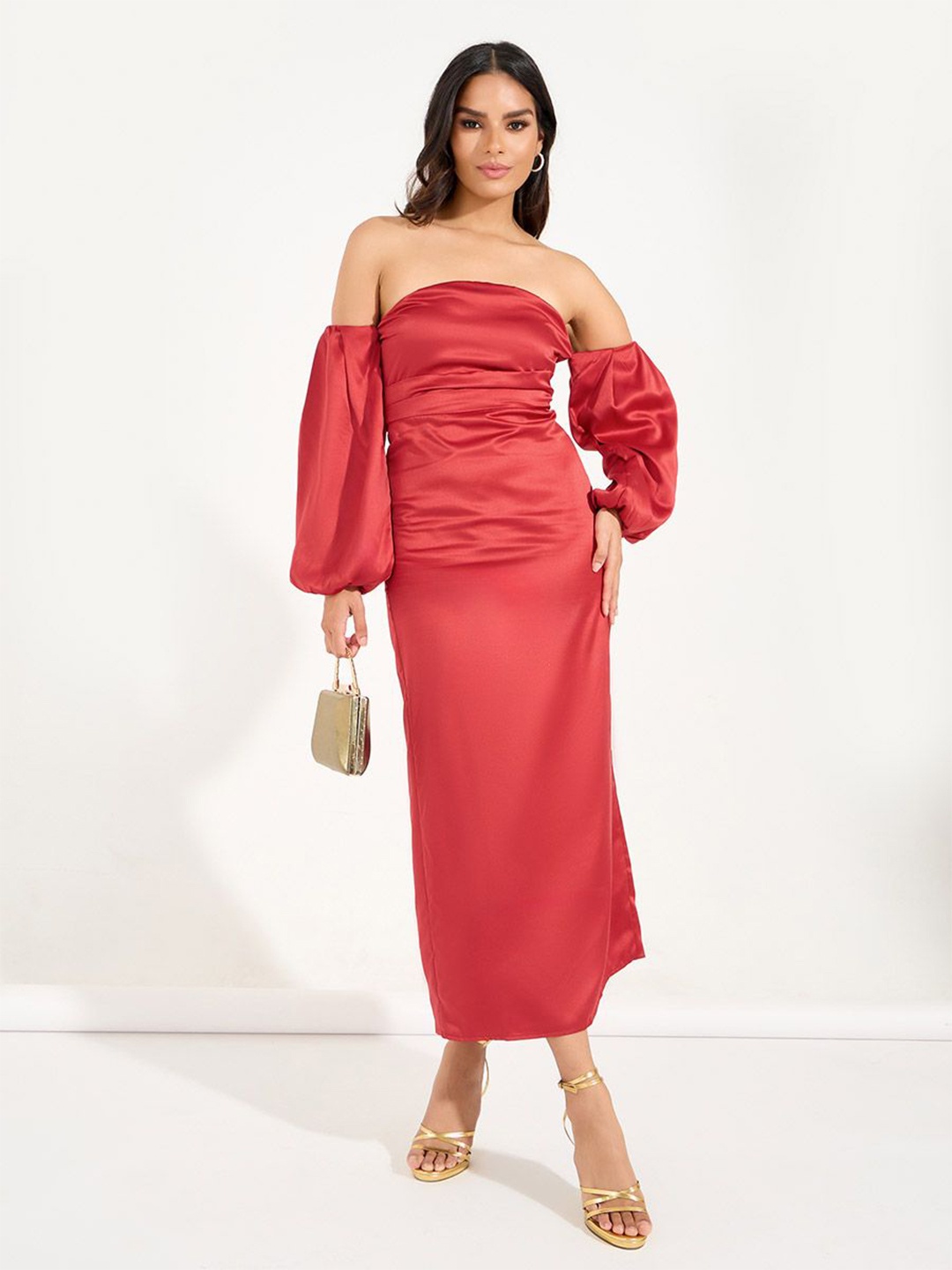 

Styli Women Solid Off Shoulder Sheath Maxi Dress, Red