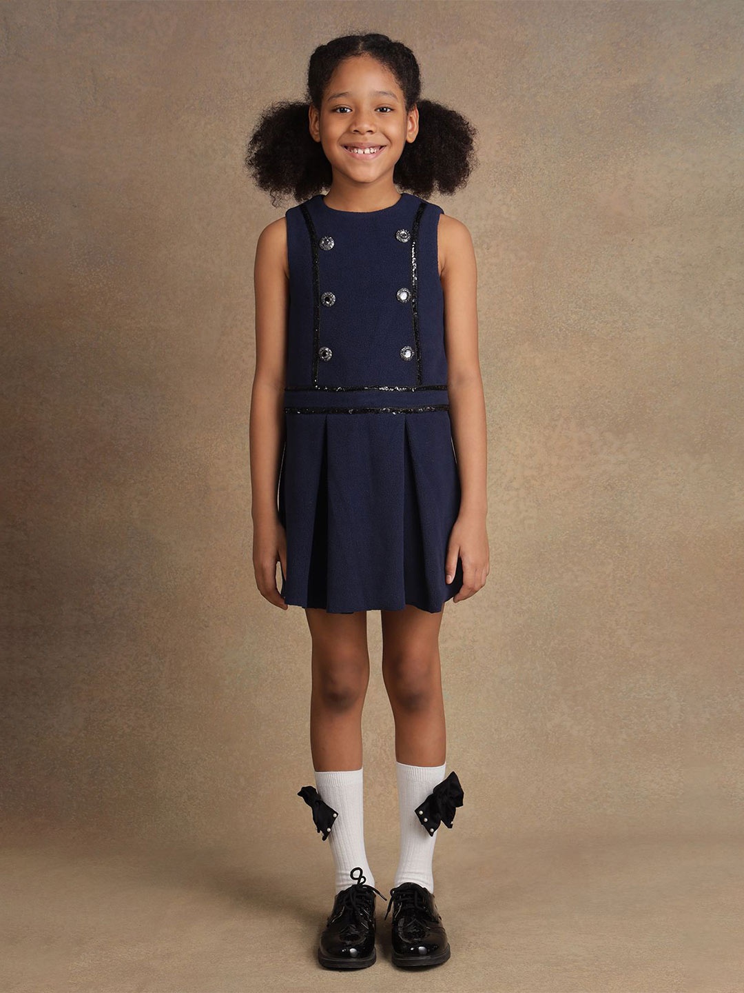 

One Friday Girls Round Neck Sleeveless A-Line Above Knee Dress, Navy blue