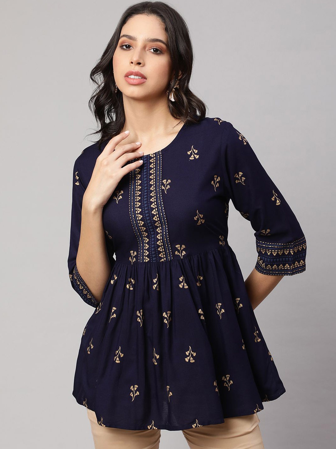 

SAK JAIPUR Floral Printed A-Line Kurti, Navy blue