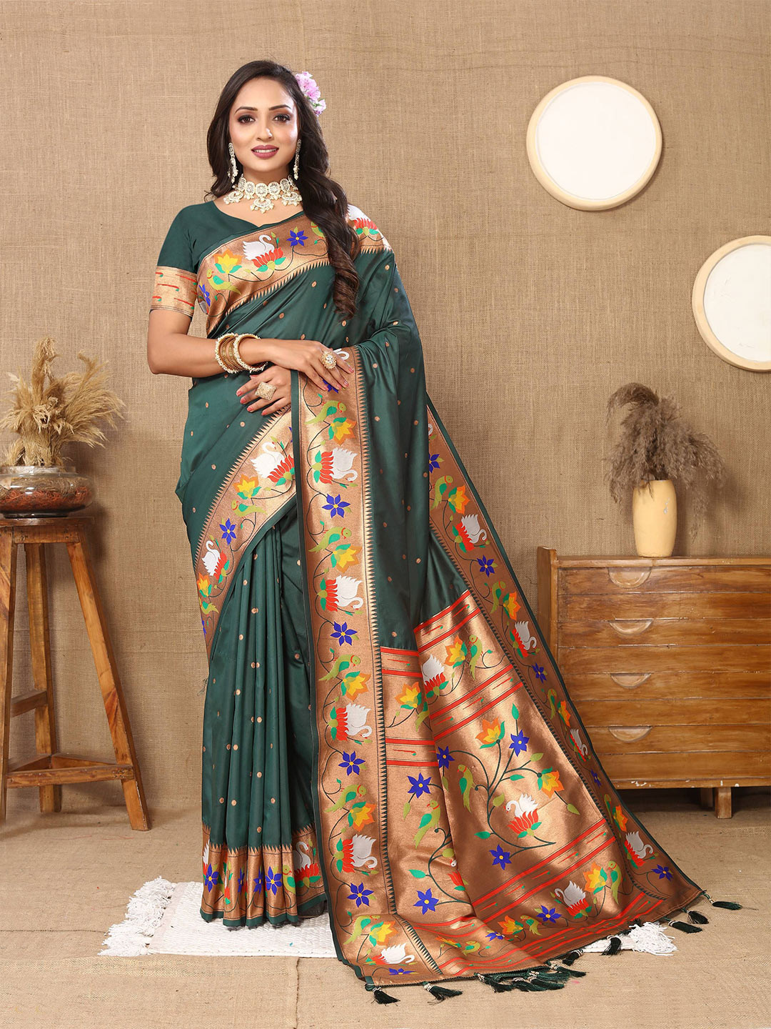 

Zeekha Kalamkari Zari Pure Silk Kanjeevaram Saree, Green