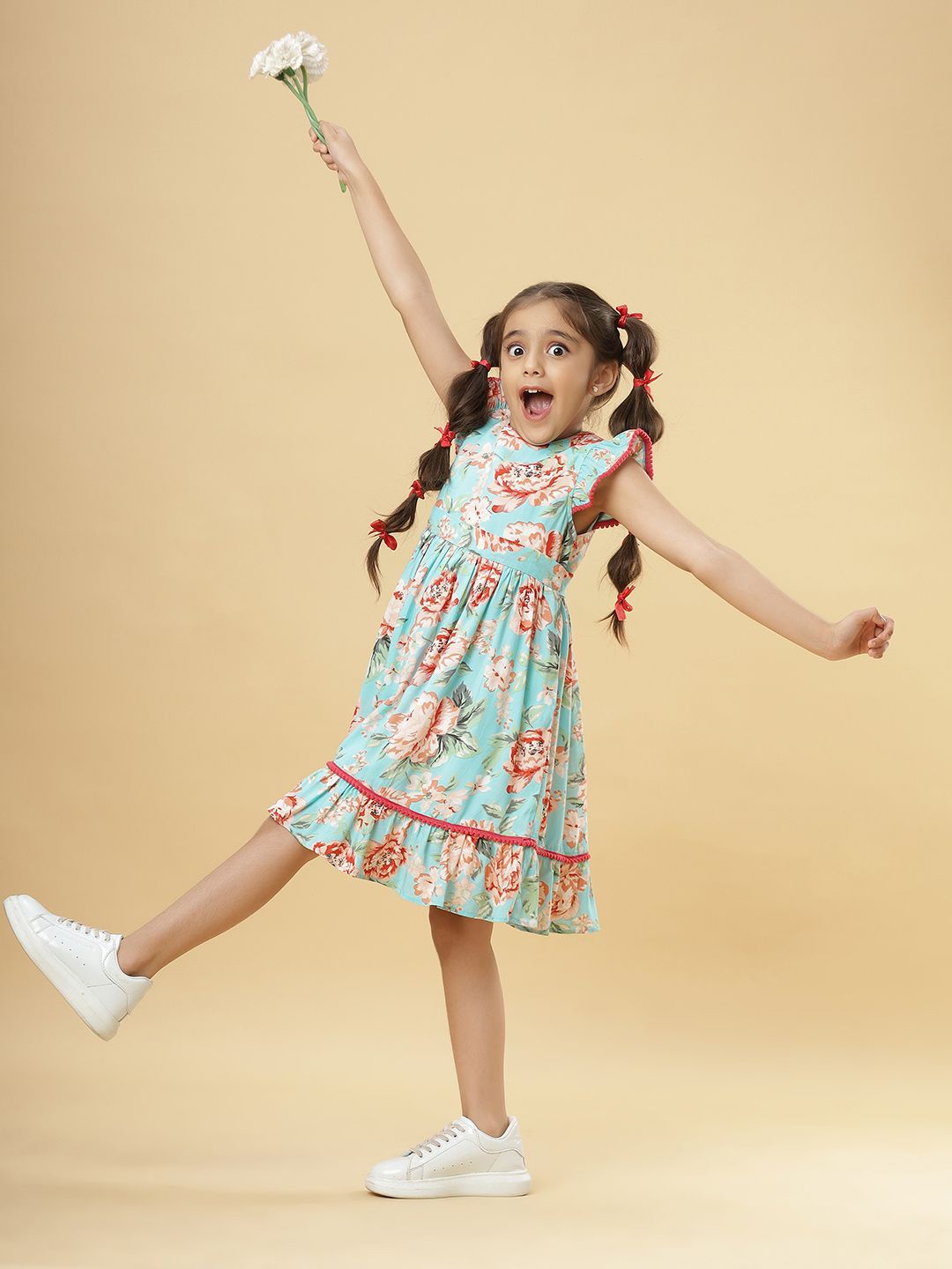 

TeenTrums Girls Floral Printed Flutter Sleeves Fit & Flare Dress, Turquoise blue