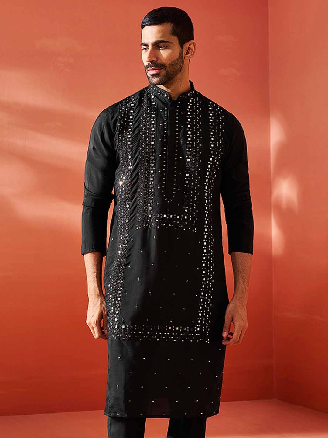 

VASTRAMAY Geometric Embroidered Sequinned Straight Kurta, Black