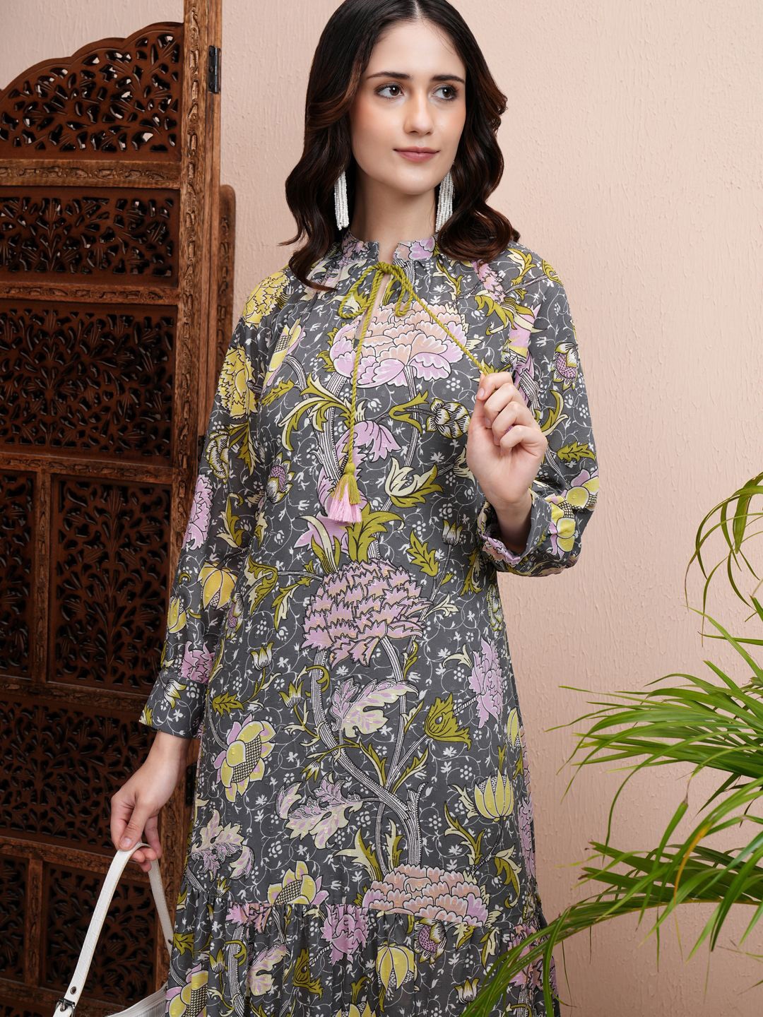

Vishudh Floral Print Tie-Up Neck Cuffed Sleeves A-Line Midi Dress, Grey