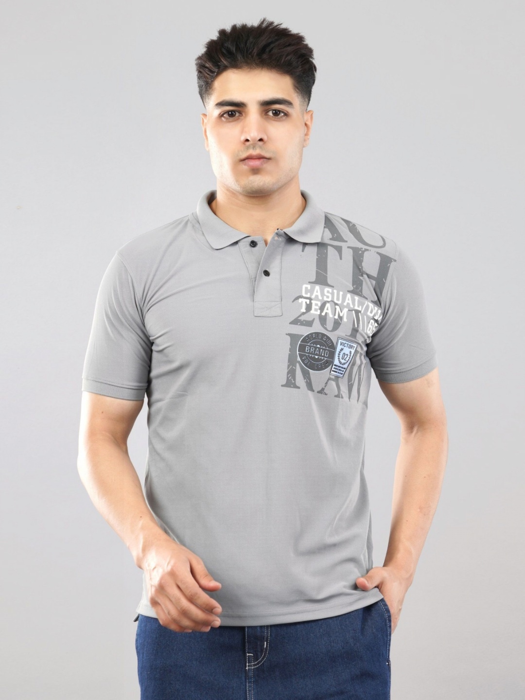 

MEGHZ Men Graphic Printed Polo Collar Cotton Slim Fit T-shirt, Grey
