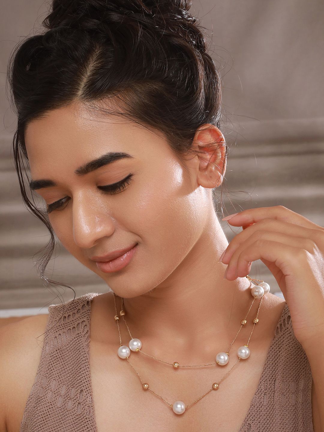 

Jazz and Sizzle Brass Gold-Plated Pearl Beaded Layered Necklace