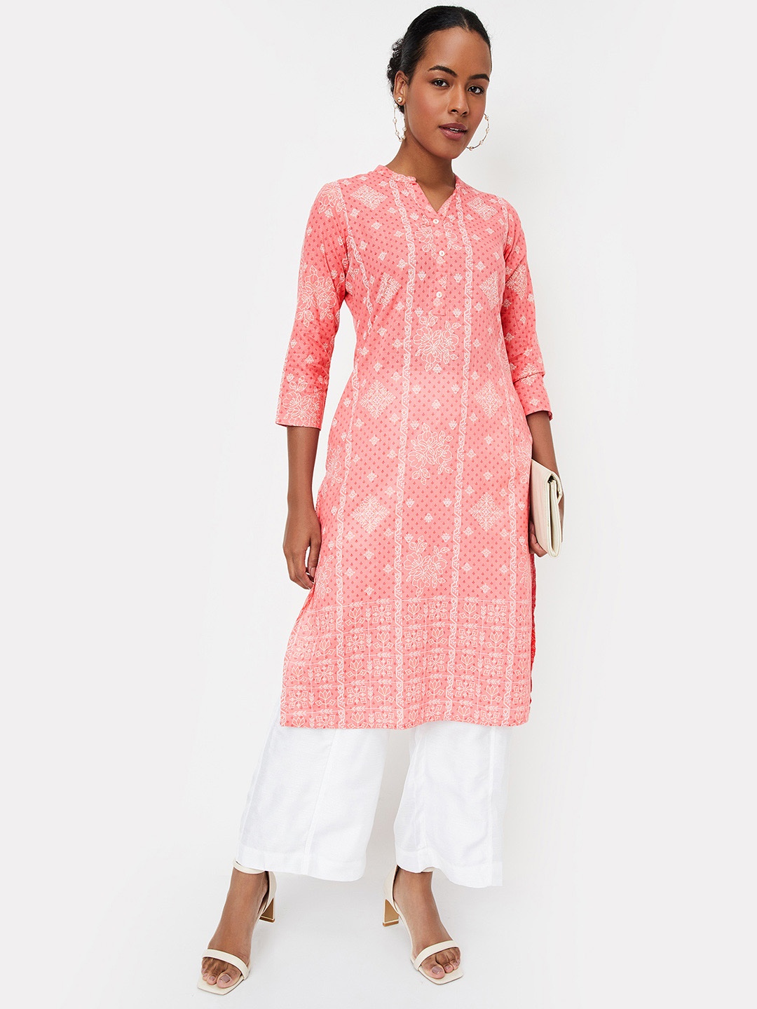 

max Floral Printed Mandarin Collar Cotton Straight Kurta, Coral