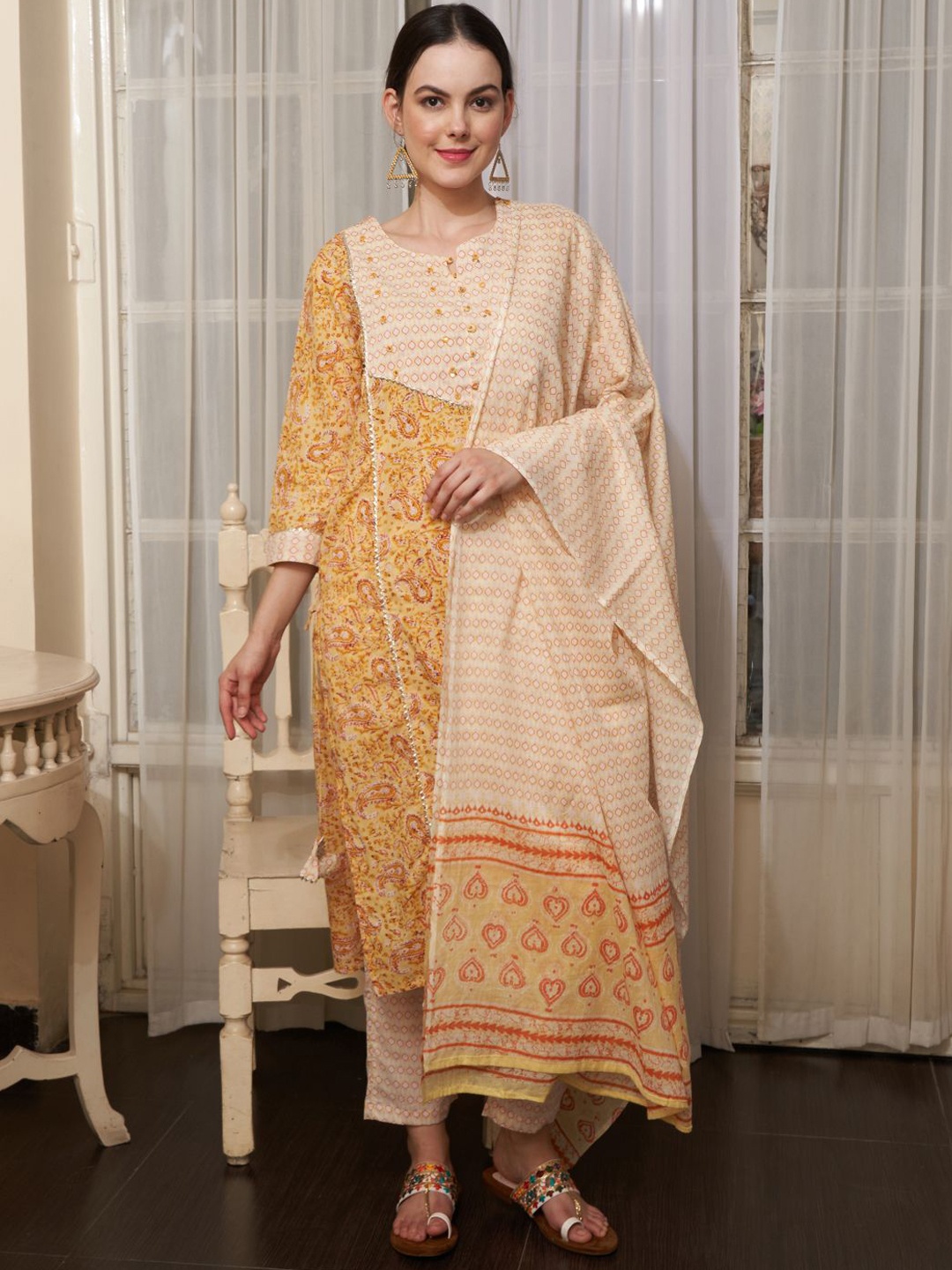 

BANDIA Paisley Printed Mirror Work Pure Cotton Straight Kurta with Trousers & Dupatta, Mustard