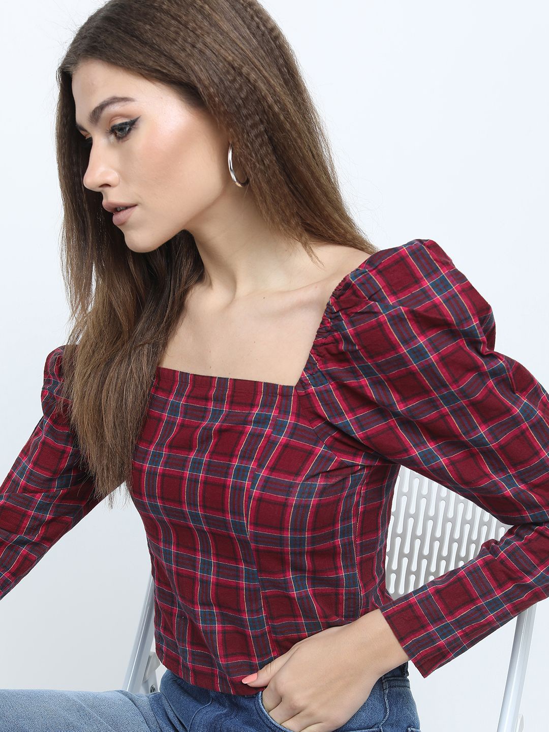 

Tokyo Talkies Women Checked Square Neck Pure Cotton Top, Maroon