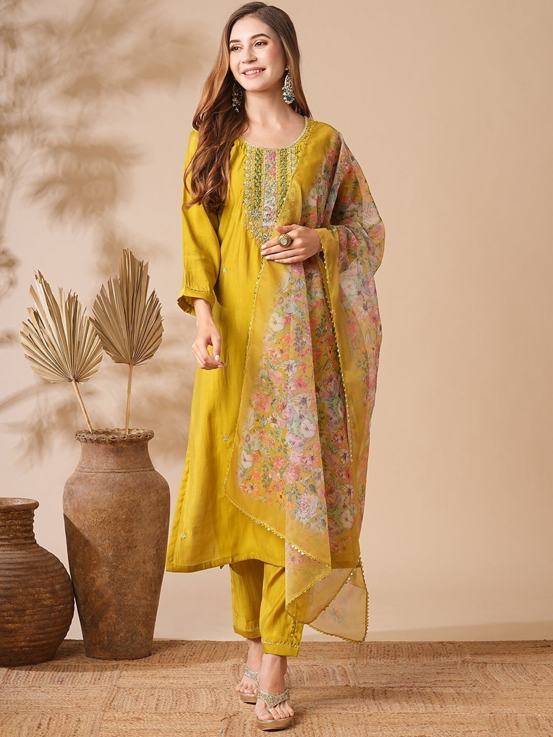 

Lilots Floral Yoke Design Sequinned Kurta with Trousers & Dupatta, Mustard