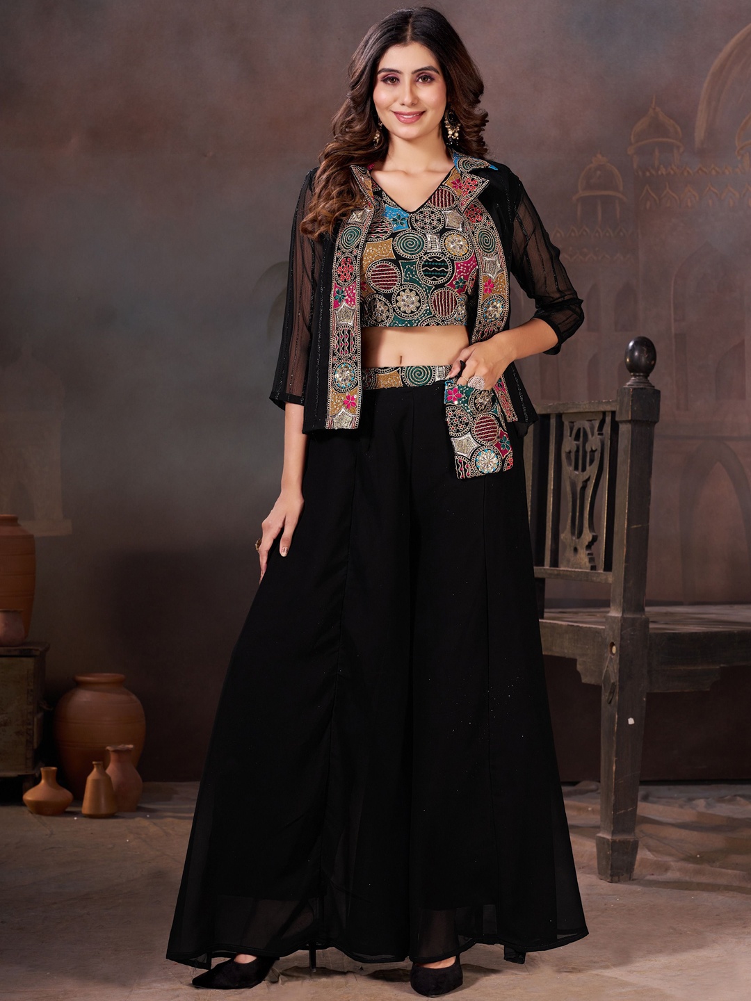 

ROZLAND Sequin-Embroidered Crop Top With Palazzos & Shrug Co-Ords, Black