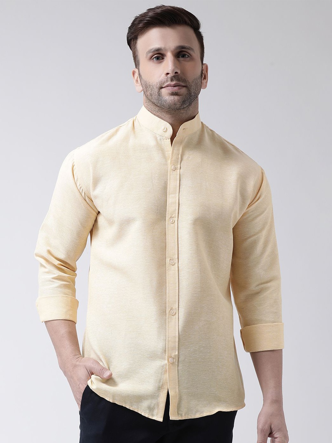 

KLOSET BY RIAG Men Classic Band Collar Solid Cotton Casual Shirt, Beige