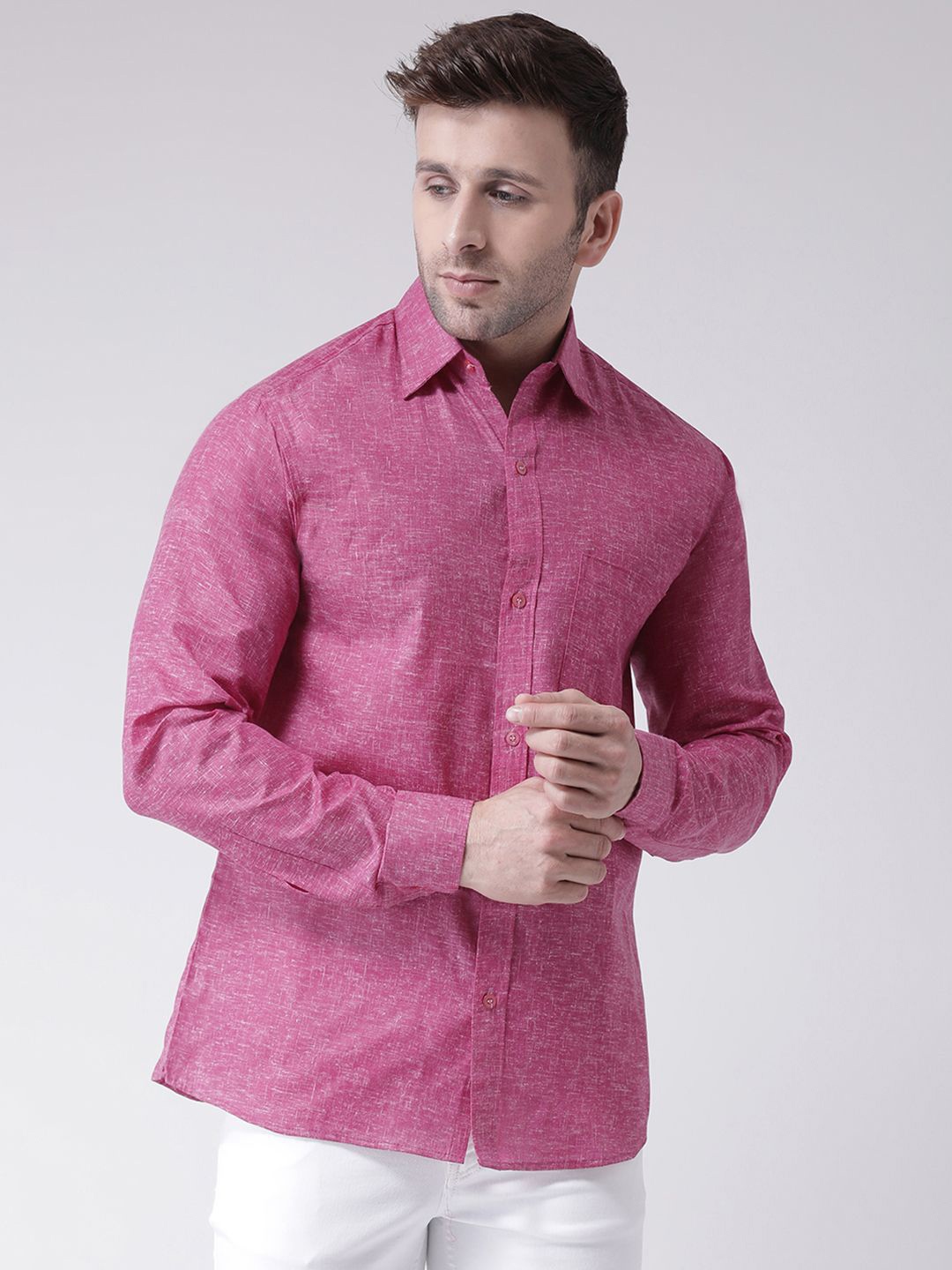 

KLOSET BY RIAG Men Classic Spread Collar Solid Linen Casual Shirt, Pink