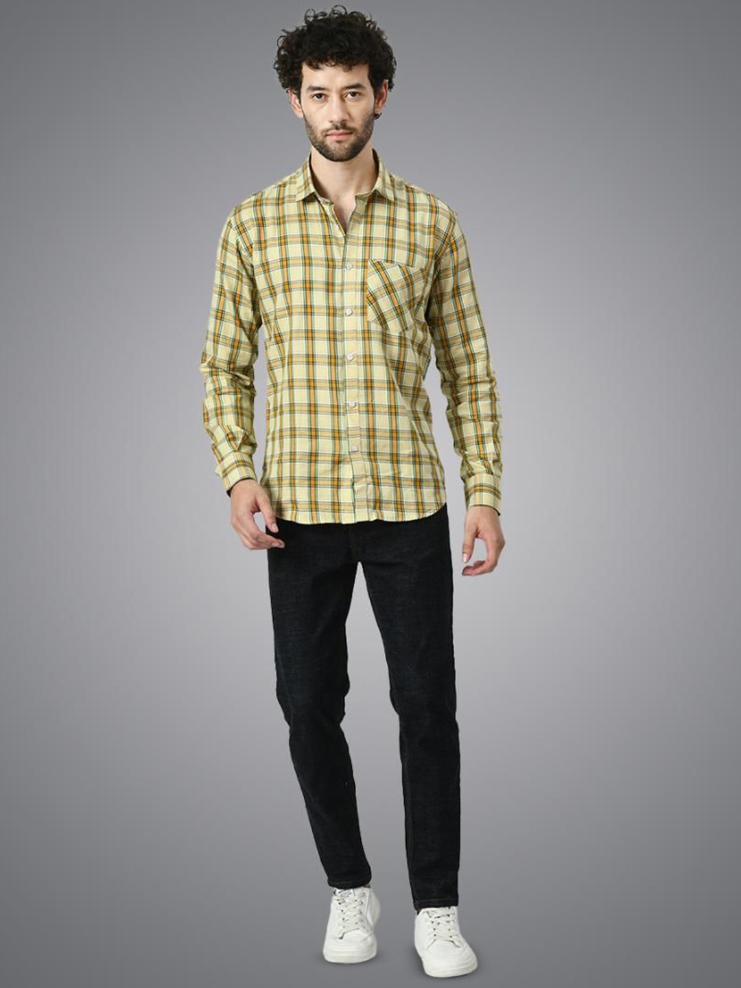 

PEBCO Men Classic Spread Collar Checked Cotton Slim Fit Casual Shirt, Yellow