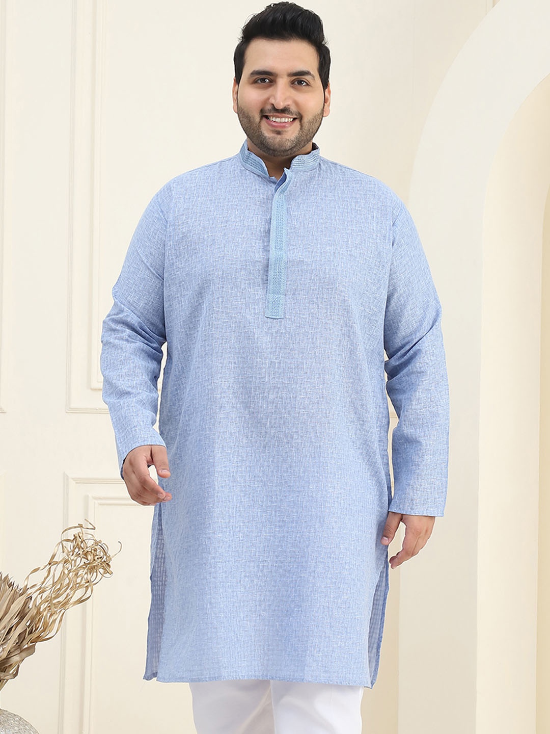 

SOJANYA PLUS Mandarin Collar Neck Long Sleeves Pure Cotton Straight Kurta, Blue