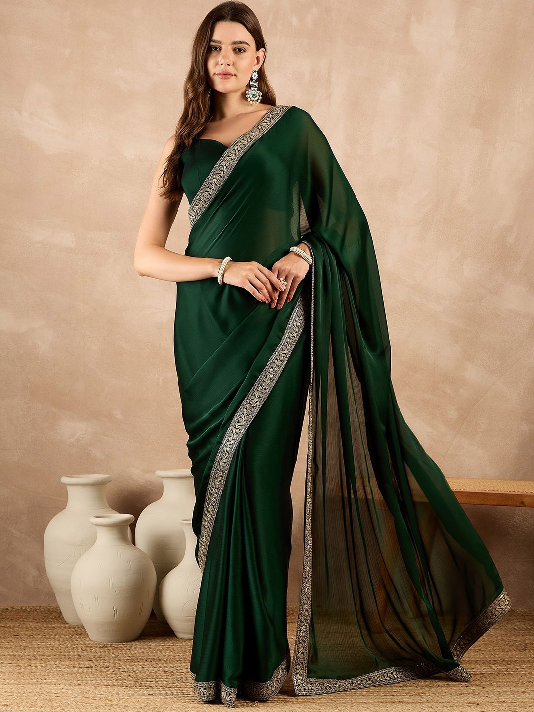 

all about you Zari Embroidered Solid Satin Saree, Green