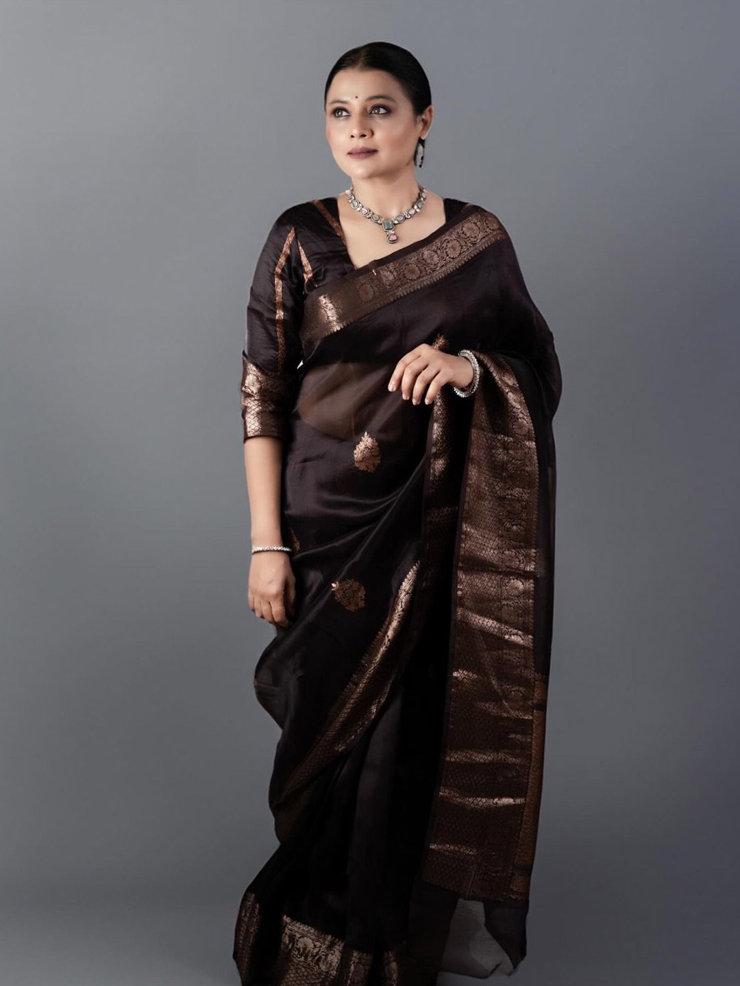 

Kriyansh Ethnic Motifs Woven Design Zari Art Silk Kanjeevaram Saree, Coffee brown