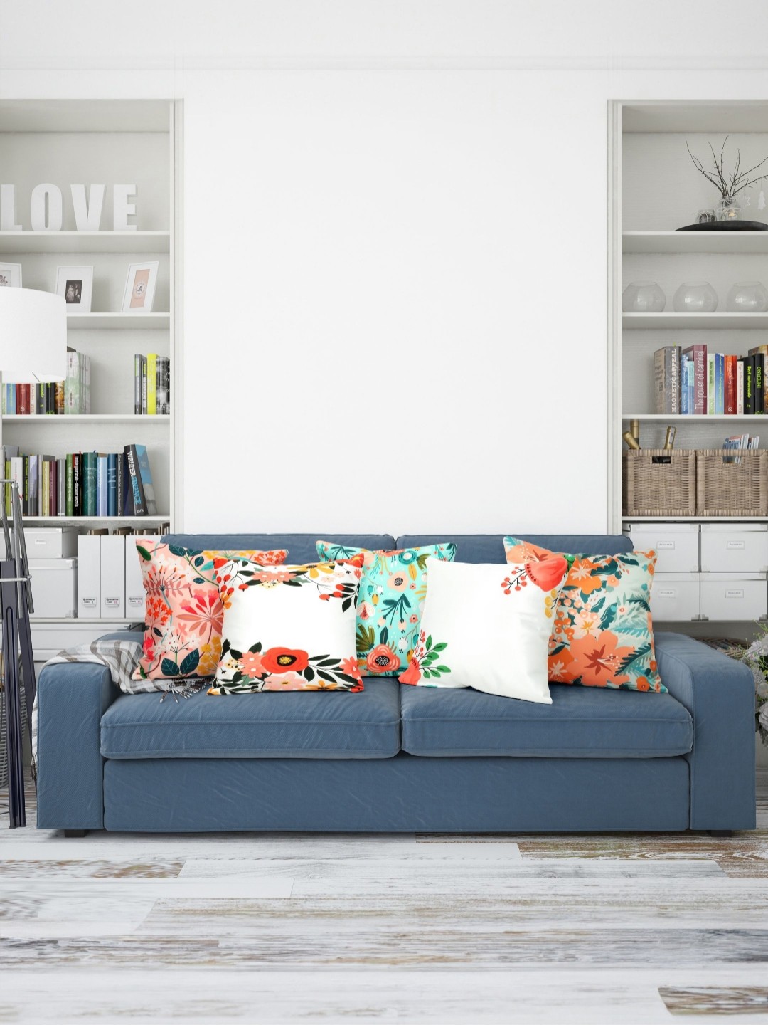 

Vendola Peach-Coloured & White 5 Pieces Floral Printed Satin Square Cushion Covers