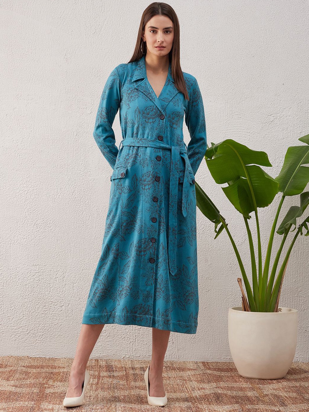 

STADO Women Pure Wool Formal Belted Fit & Flare Midi Dress, Blue