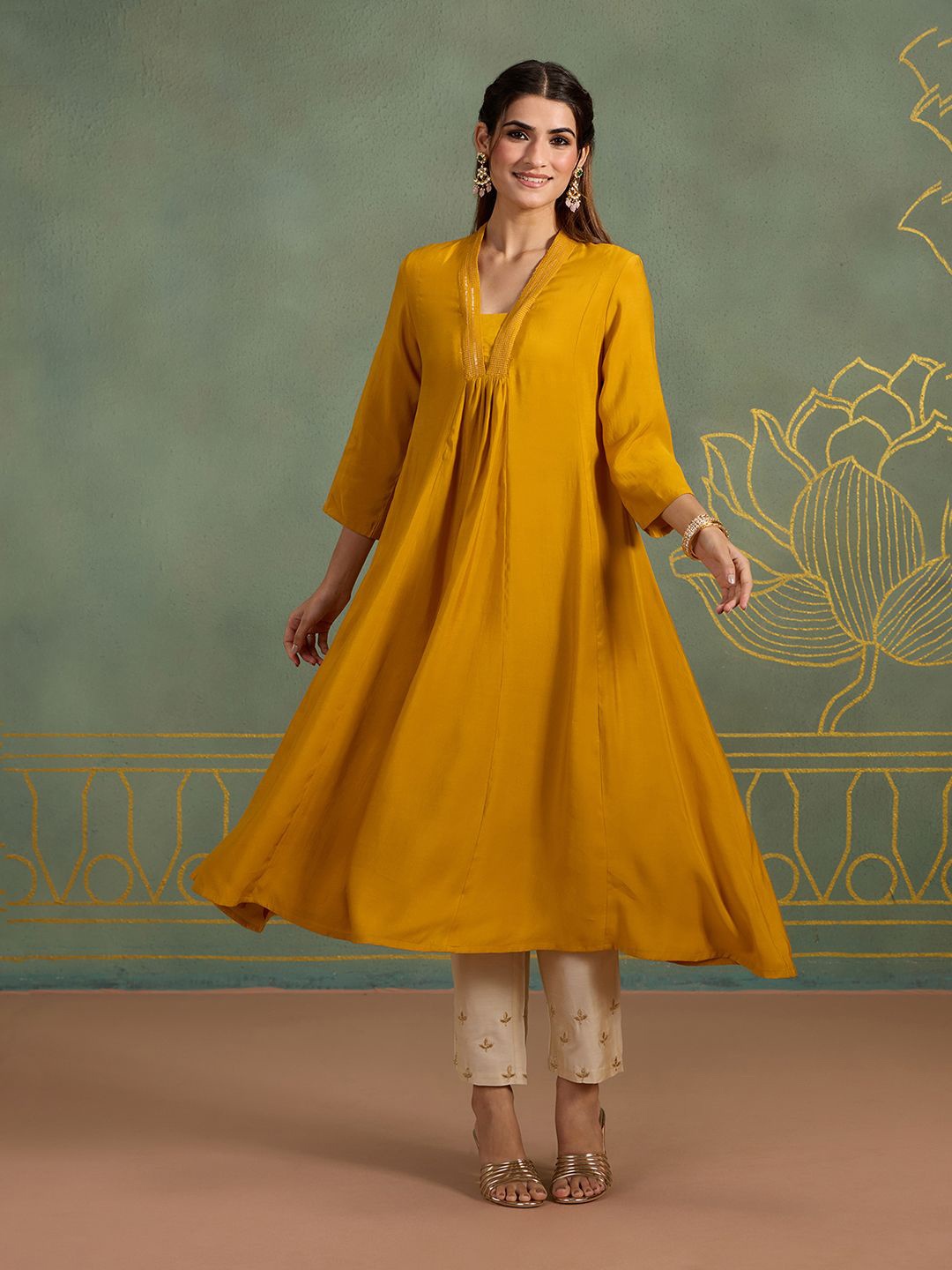 

Likha Women Sequins V-Neck Pleated Anarkali, Yellow