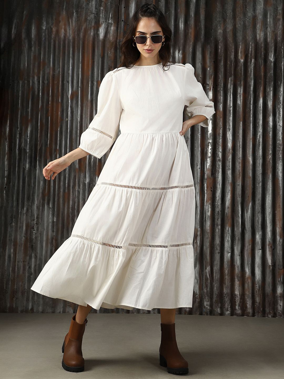 

High Star Solid Tier Cotton Maxi Puff Sleeves geathers in neck Dress, Off white