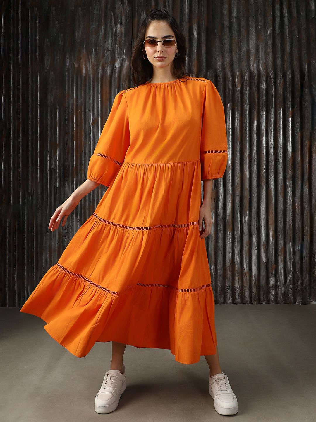 

High Star Solid Fit & Flare Cotton Maxi Dress, Orange