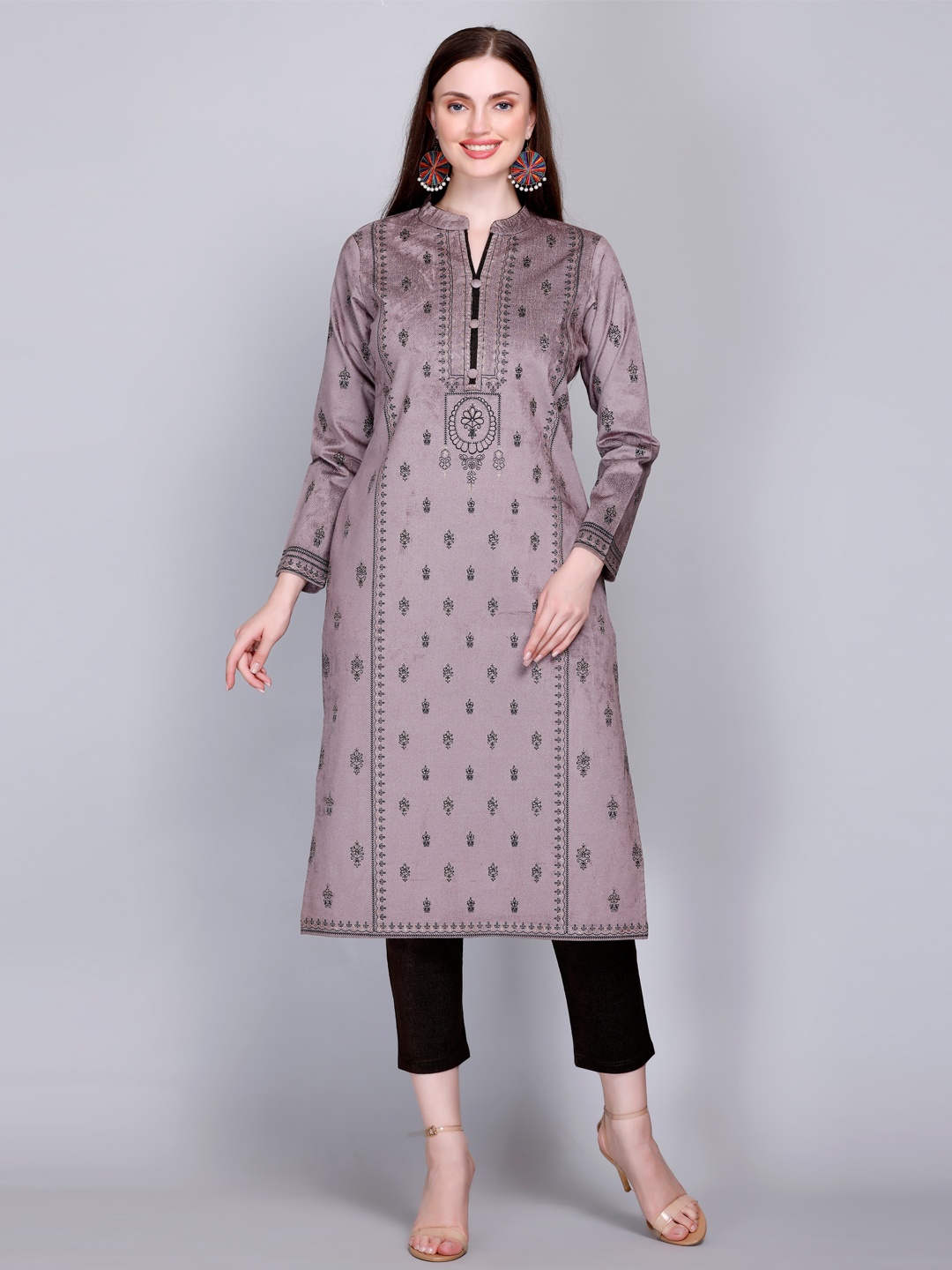 

Gouri Floral Printed Mandarin Collar Velvet Straight Kurta With Trousers, Grey