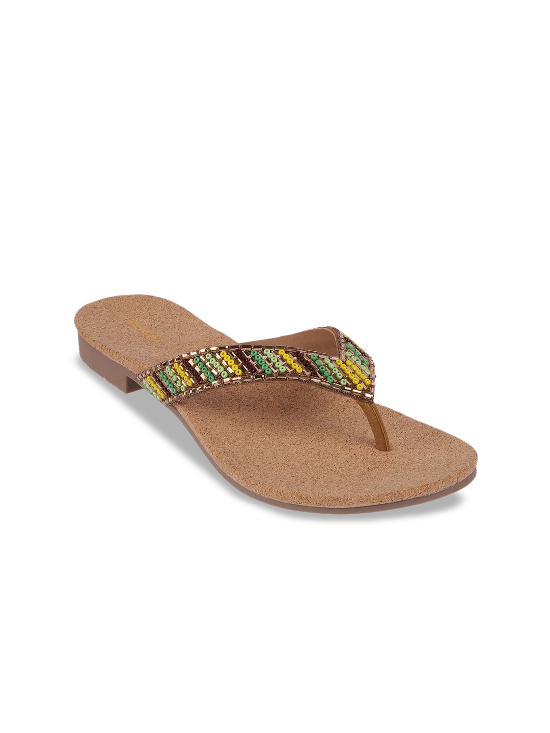 

Mochi Women Ethnic Open Toe T-Strap Flats, Taupe