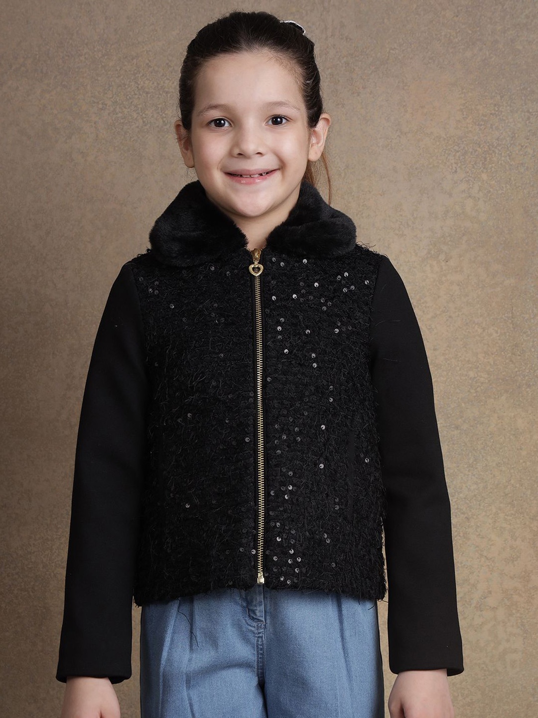 

One Friday Girls Geometric Open Front Jacket, Black