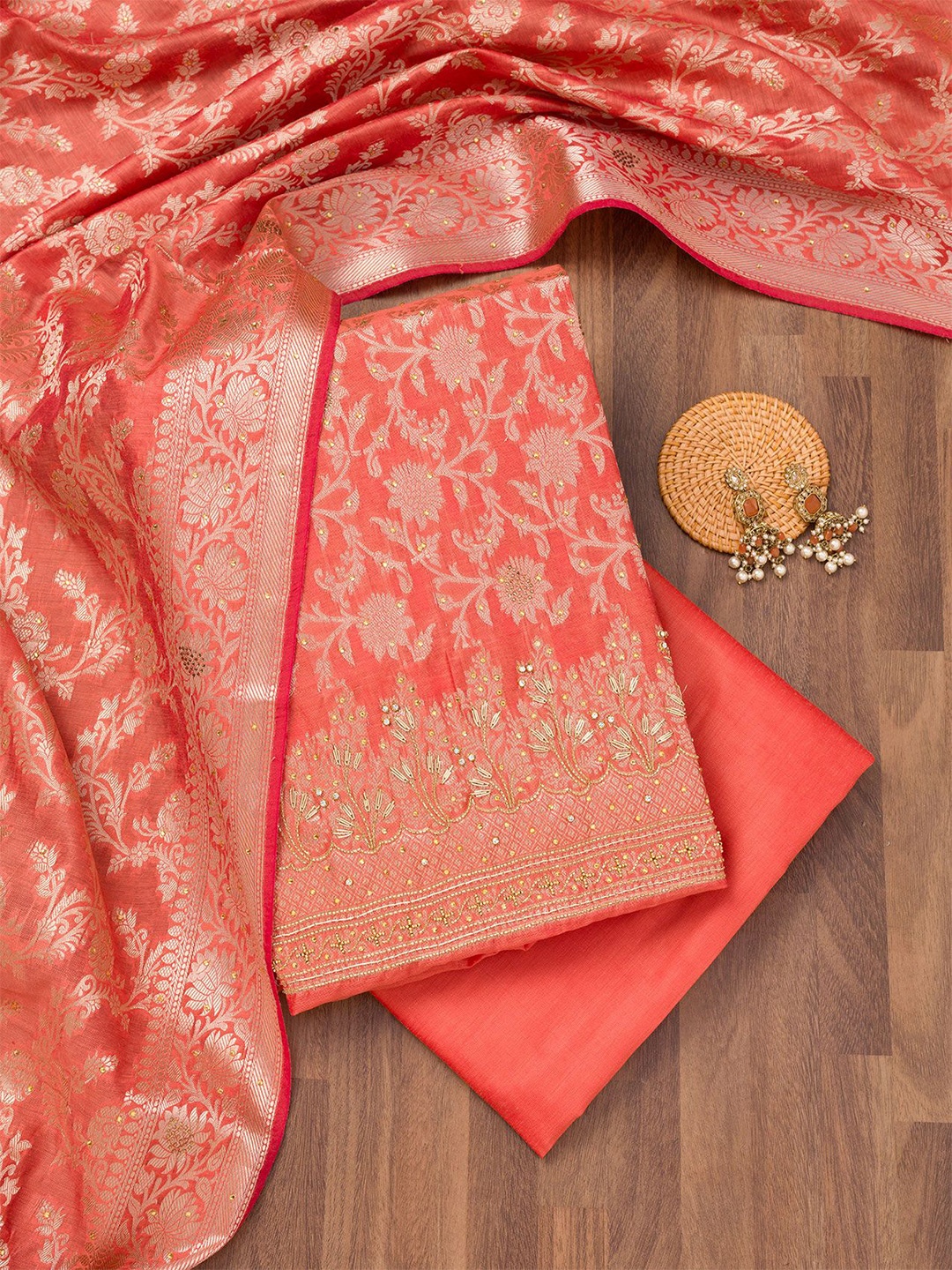 

Koskii Floral Woven Design Zari Work & Beads Stones Banarasi Unstitched Dress Material, Rust