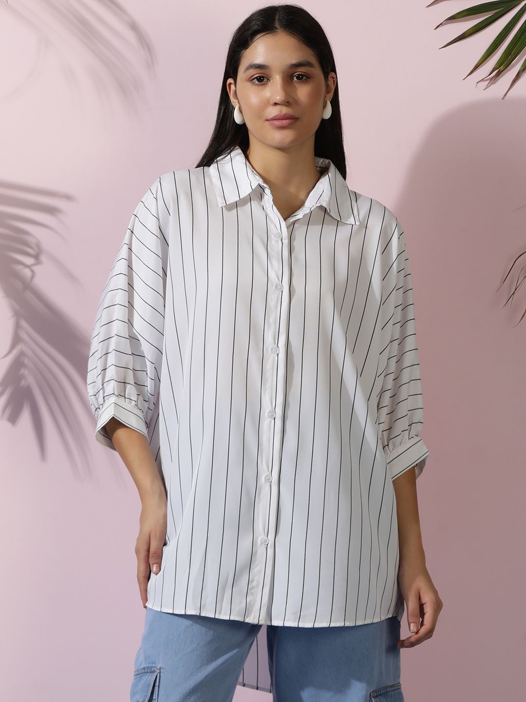 

Kotty Women Comfort Spread Collar Vertical Striped Cotton Oversized Casual Shirt, White