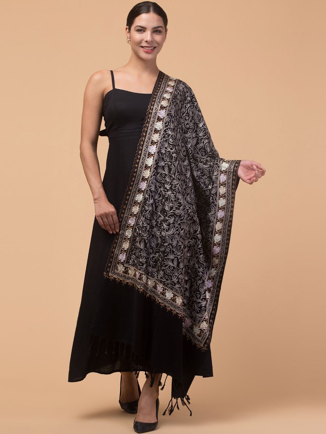 

Tweedle Floral Aari Embroidered Acrylic Woollen Shawl, Black