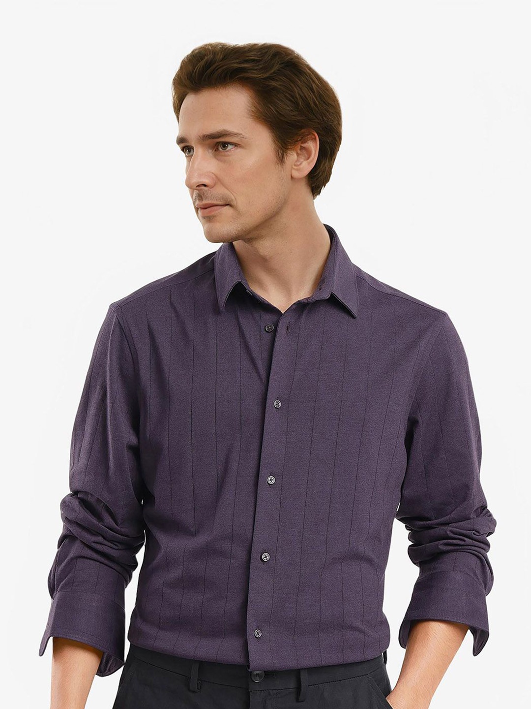 

RARE RABBIT Men Comfort Spread Collar Vertical Striped Cotton Casual Shirt, Purple