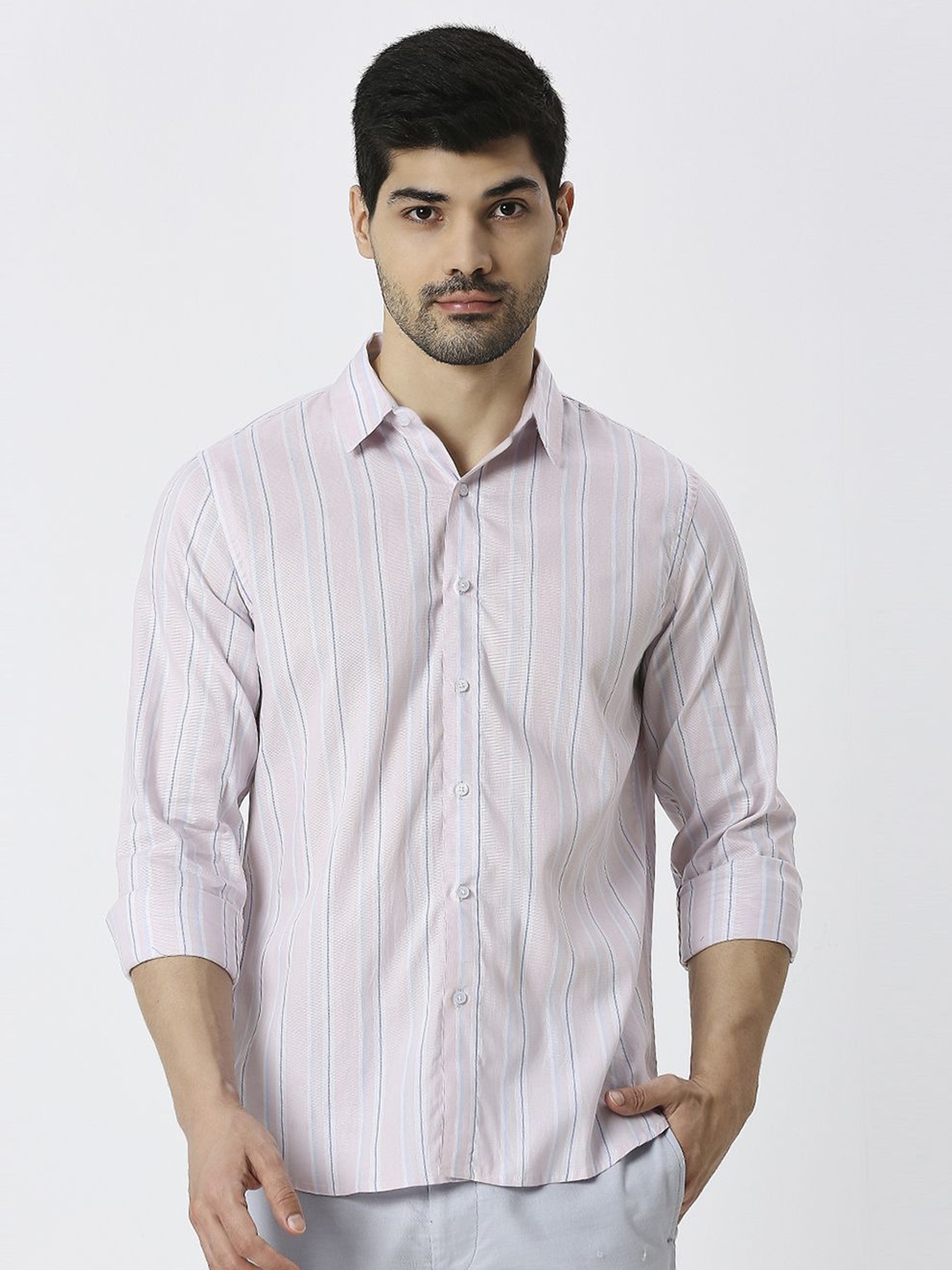 

MARK & ALBERT Men India Slim Spread Collar Vertical Striped Cotton Casual Shirt, Pink