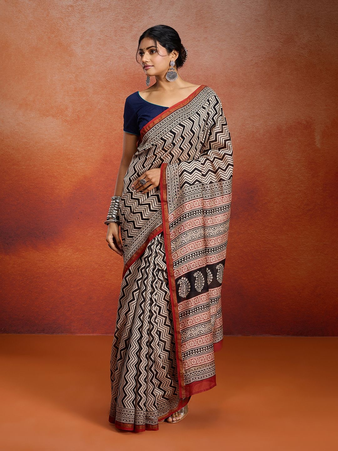 

Likha Ethnic Motifs Zari Block Print Saree, Beige