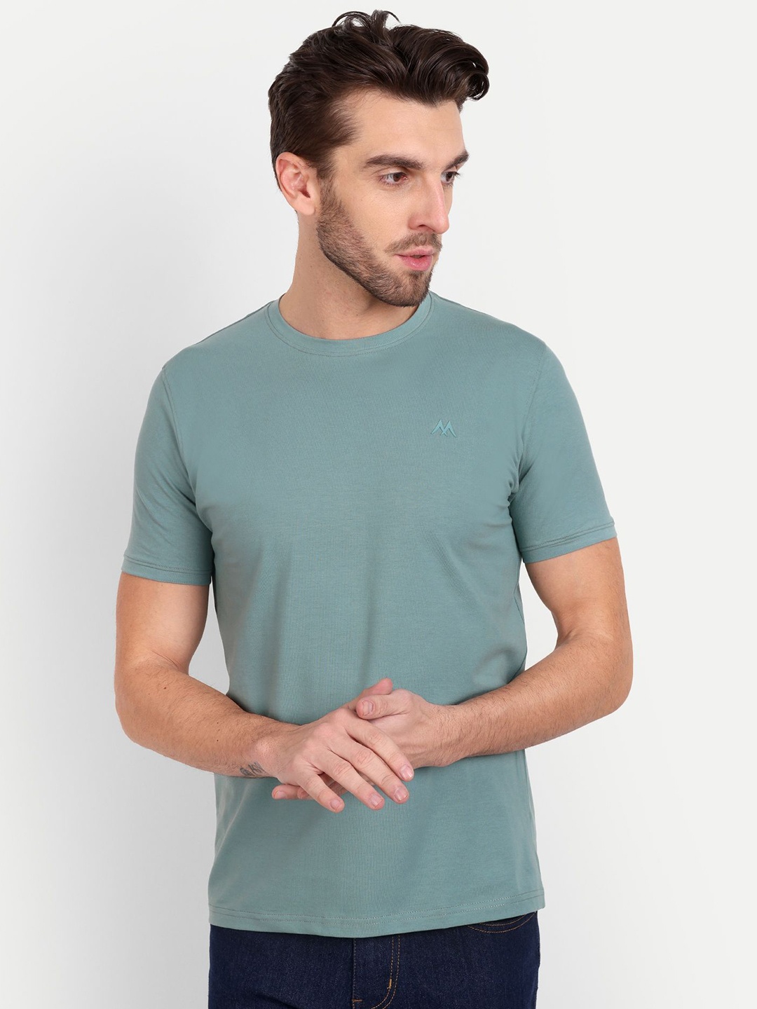 

MEGHZ Men Solid Round Neck Cotton Slim Fit T-shirt, Green