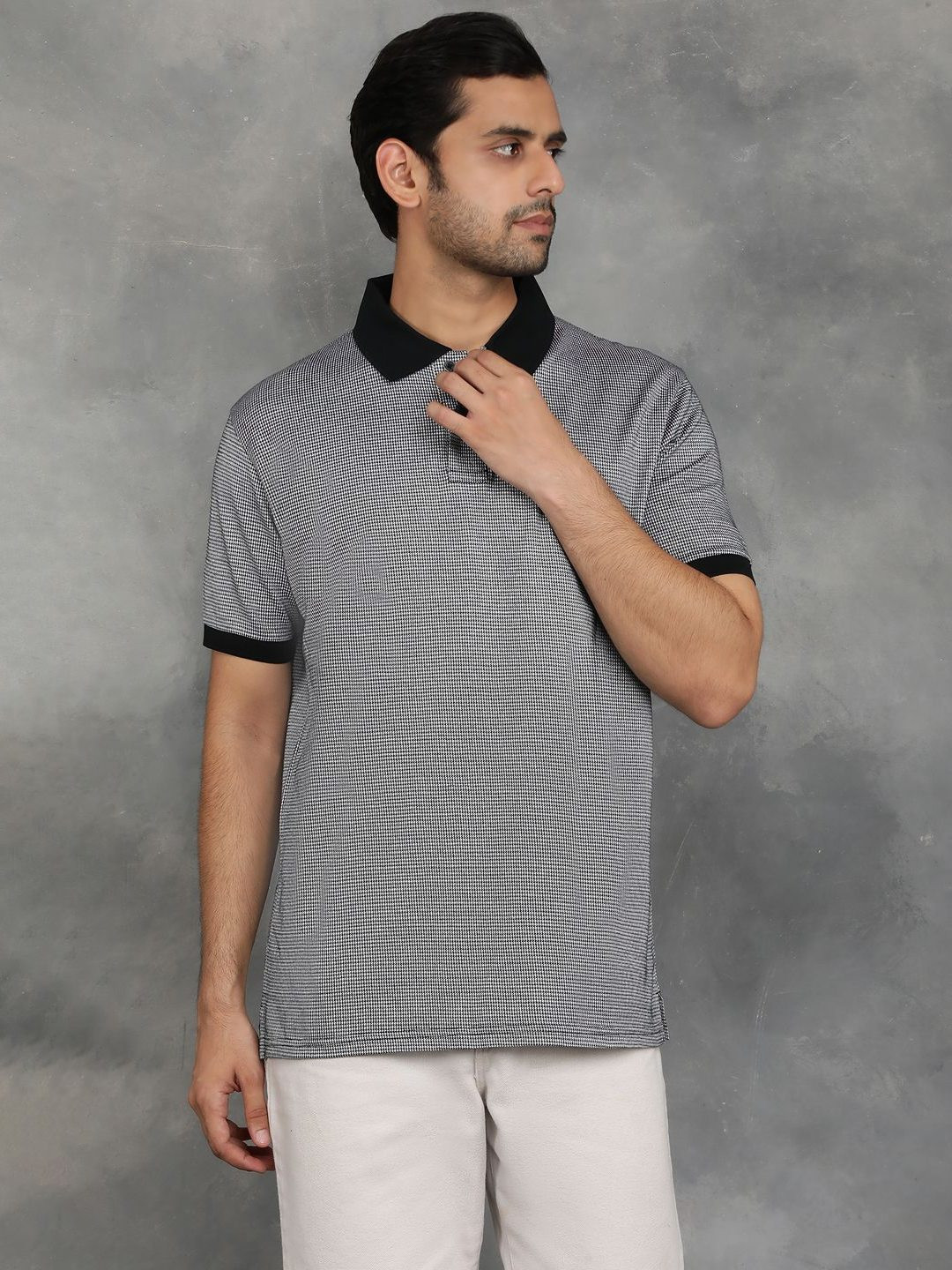 

JADE BLUE Men Abstract Printed Polo Collar Cotton T-shirt, Grey