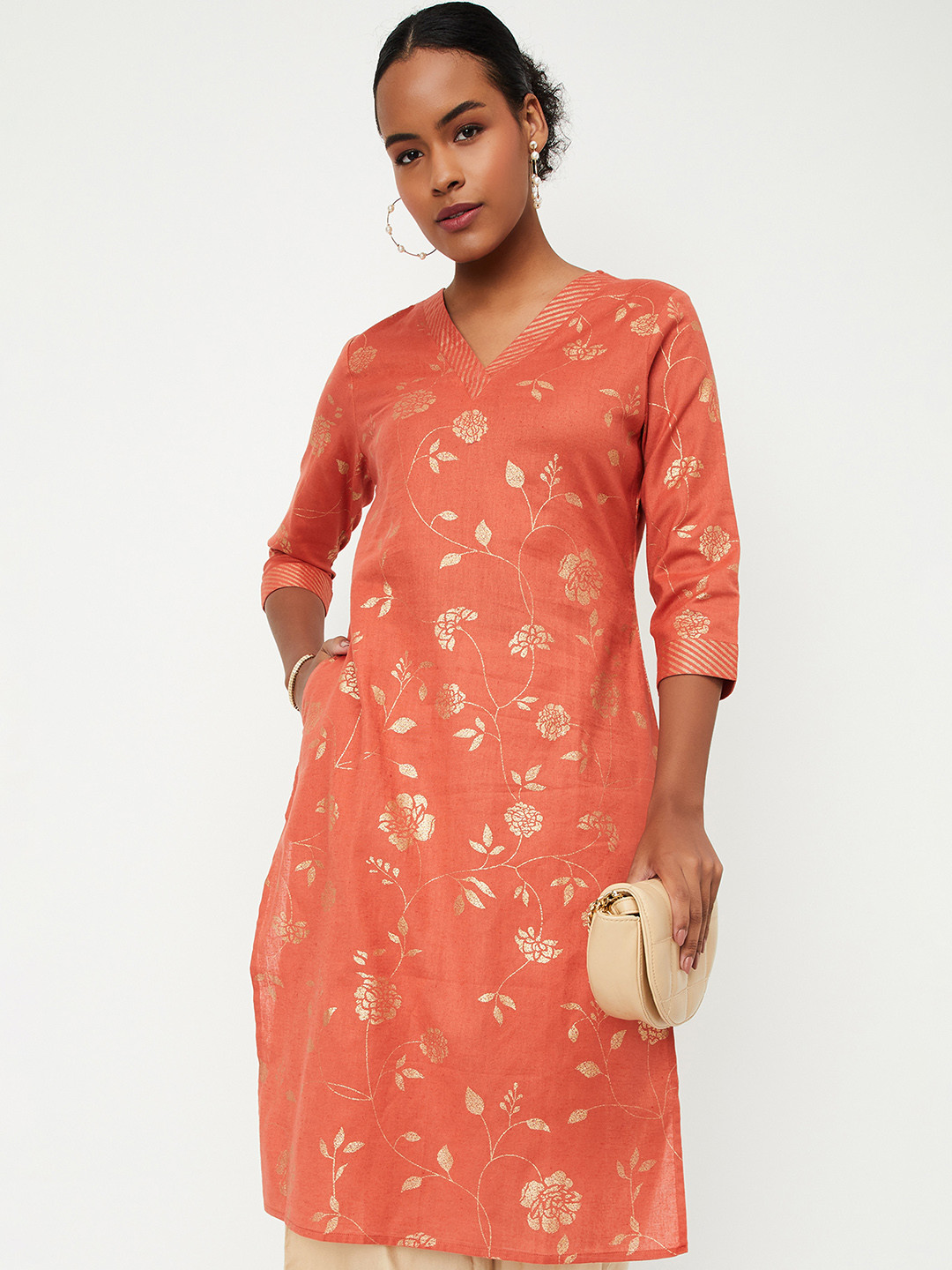 

max Floral Printed V-Neck Cotton Straight Kurta, Rust