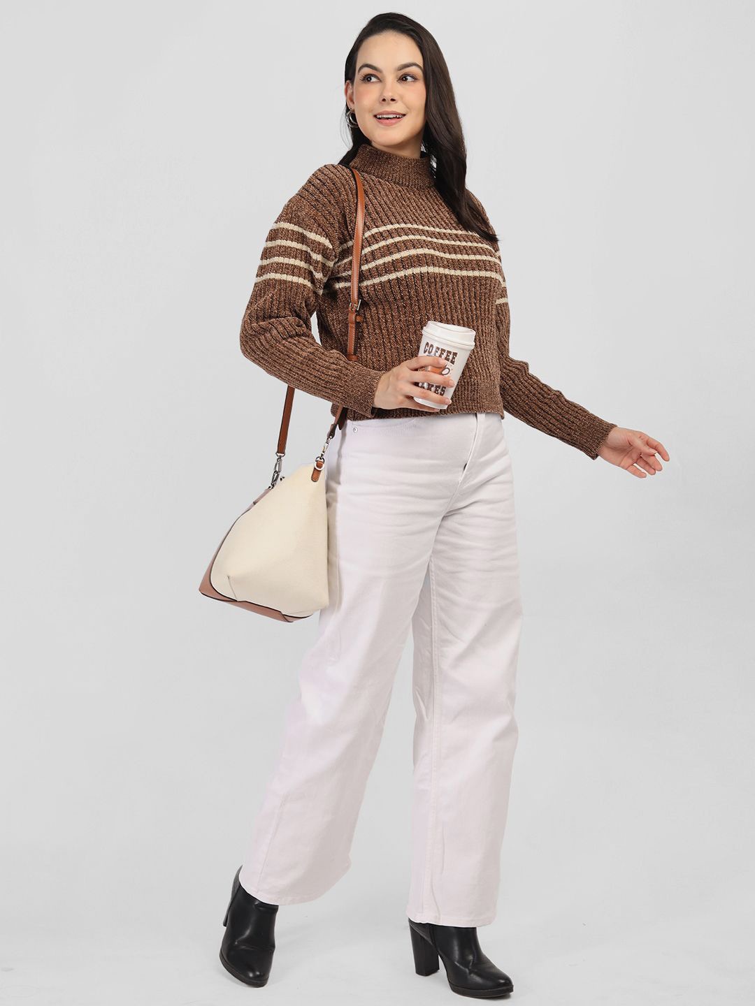 

CHKOKKO Women Striped Woollen Pullover, Brown
