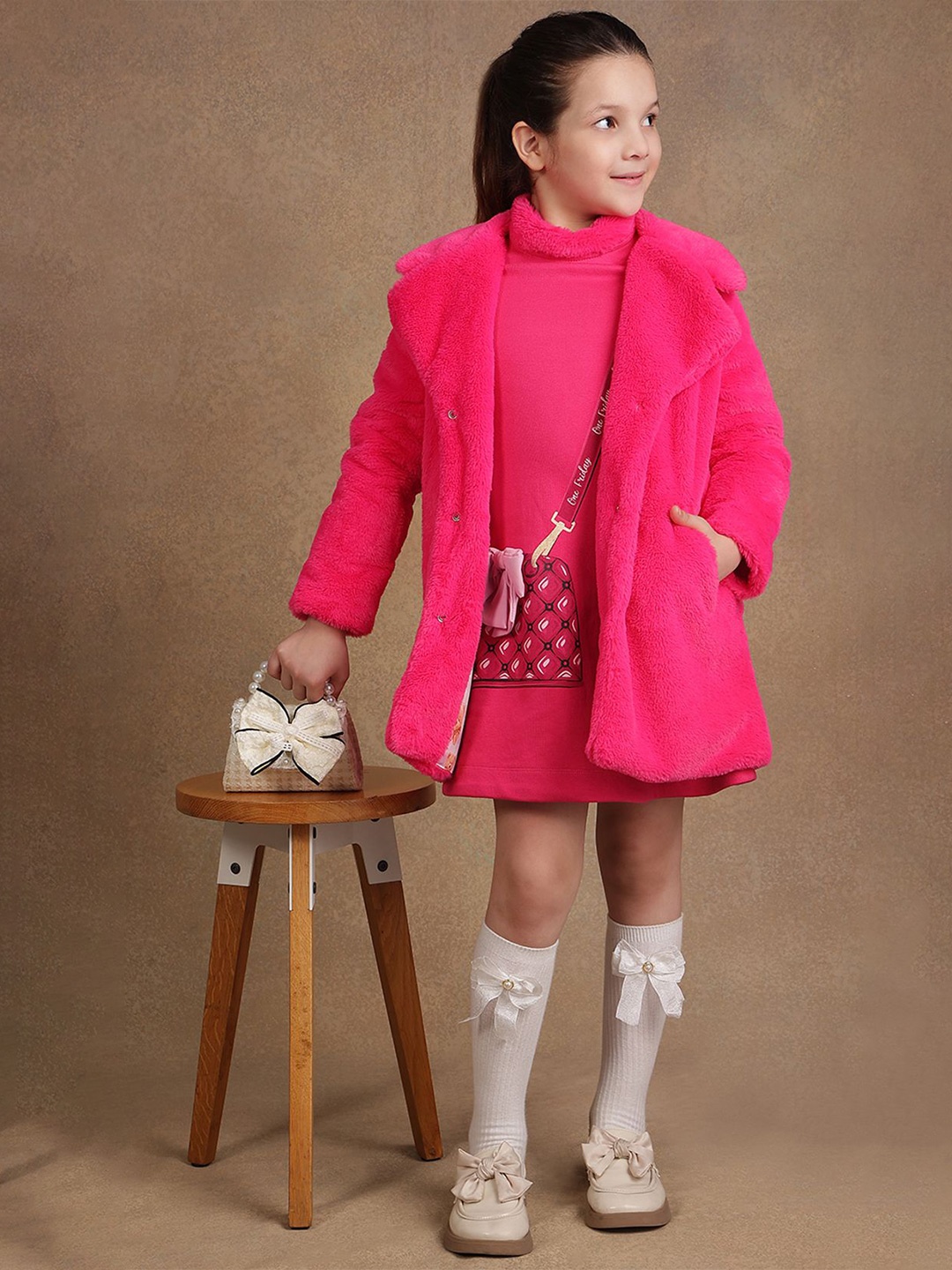 

One Friday Girls Shawl Collar Single-Breasted Overcoat, Pink