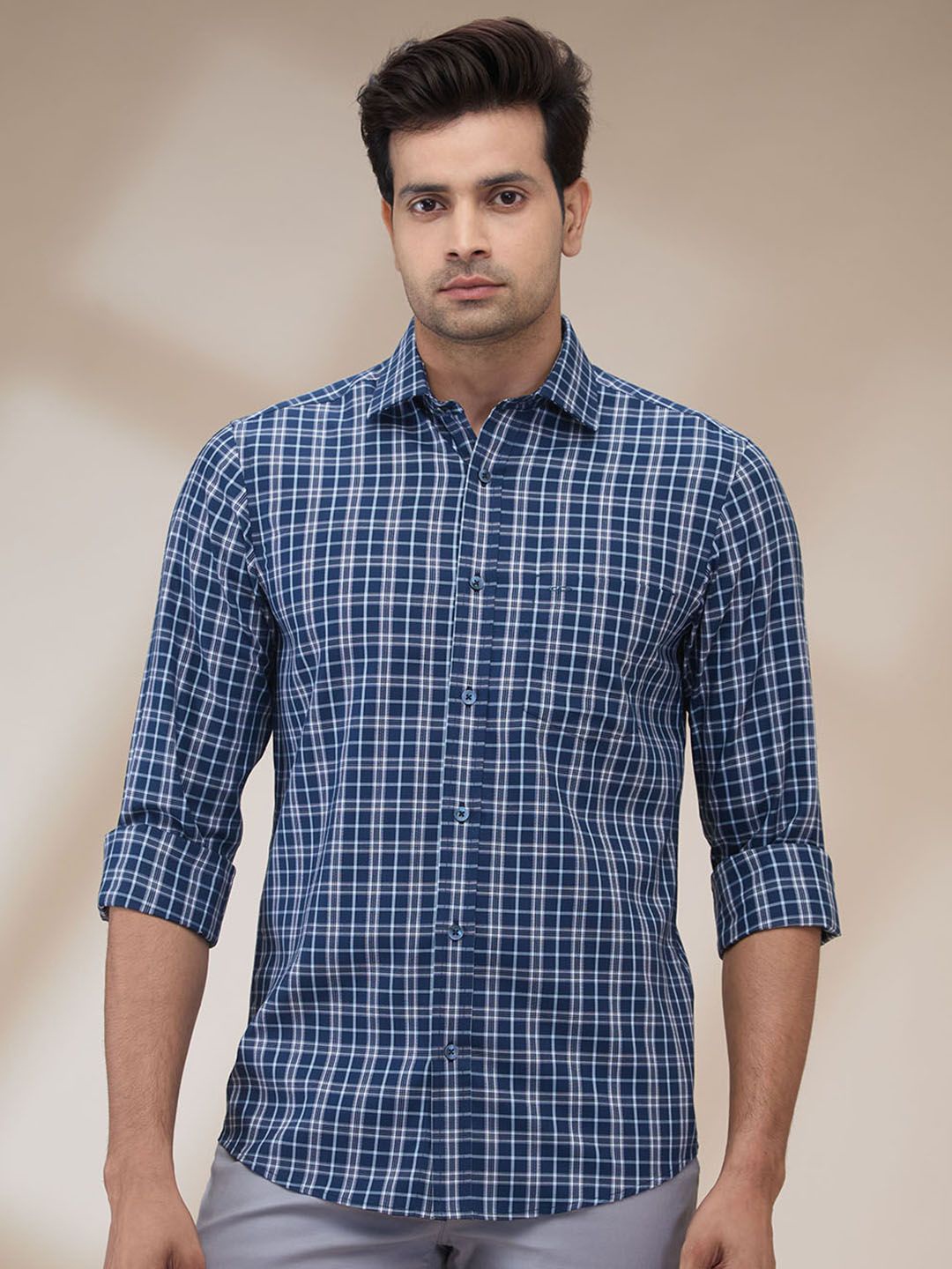 

ColorPlus Men Spread Collar Tartan Checked Cotton Casual Shirt, Blue